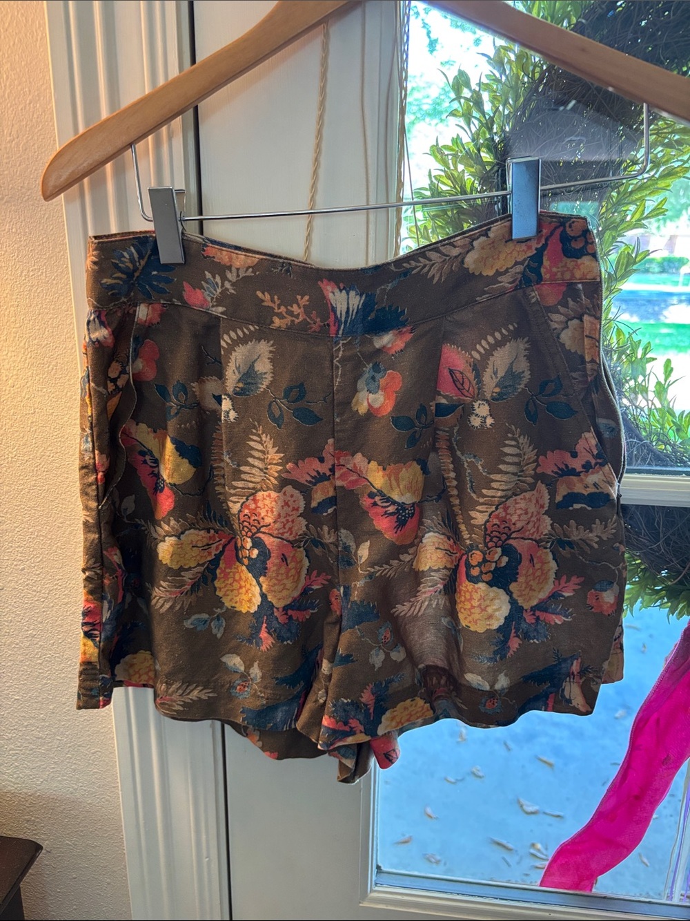 HUNTER BELL Brown Floral High-Waist Shorts with Multicolor Blooms